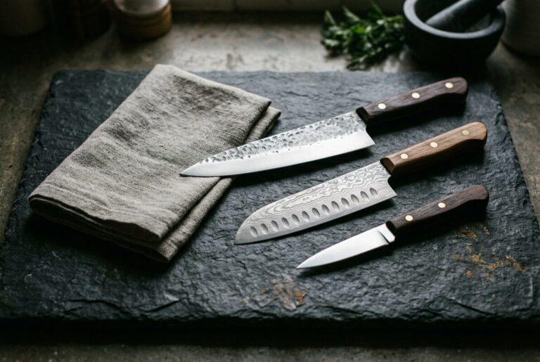 Three kitchen knives with different steel blades on a dark slate board