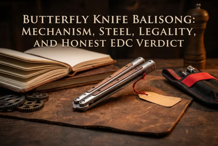 Professional header image for educational tutorial: Butterfly knife balisong: mechanism, steel, legality, and...